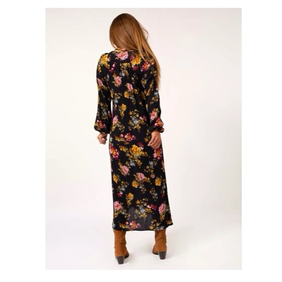 Natural Life Boho Long Bell Sleeve Side Slit Rayon Black Floral Maxi Dress - Picture 13 of 13